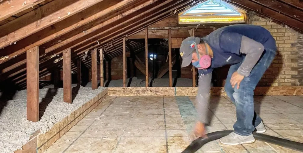 Technician cleaning an attic.