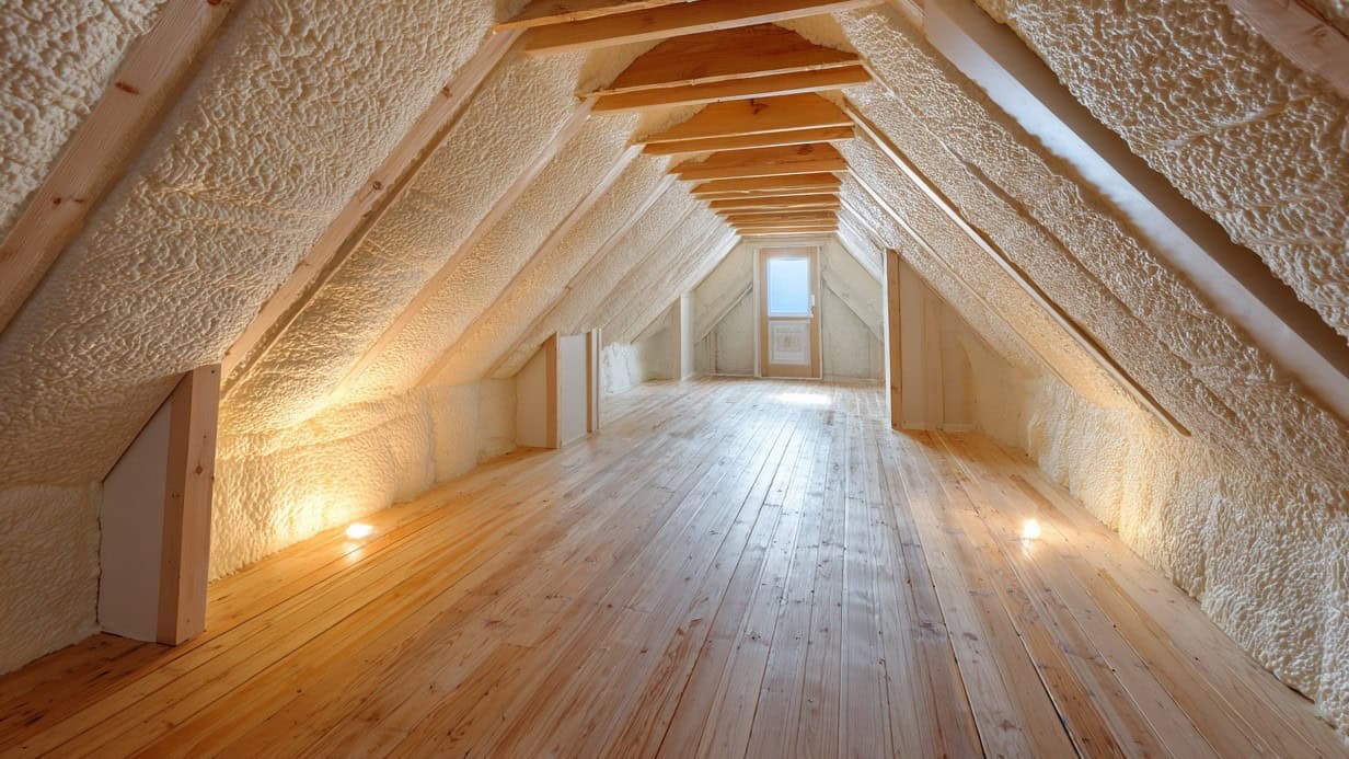 Attic insulation inspection showing coverage and heat retention above a home.