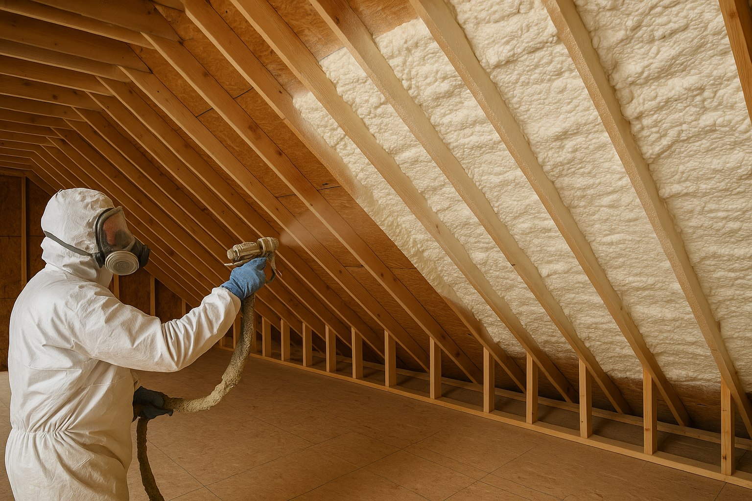 Spray foam insulation applied to attic roof deck creating an airtight seal.
