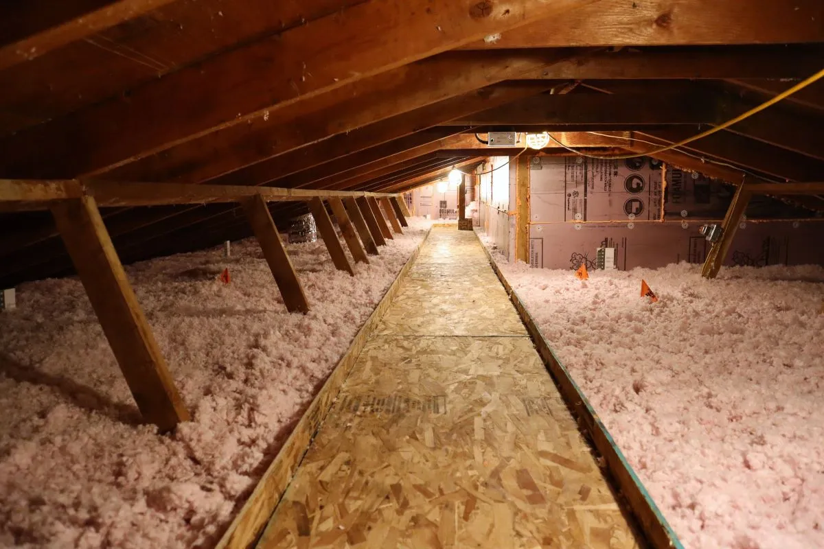 DIY installation of blown-in attic insulation using a rented blower machine.