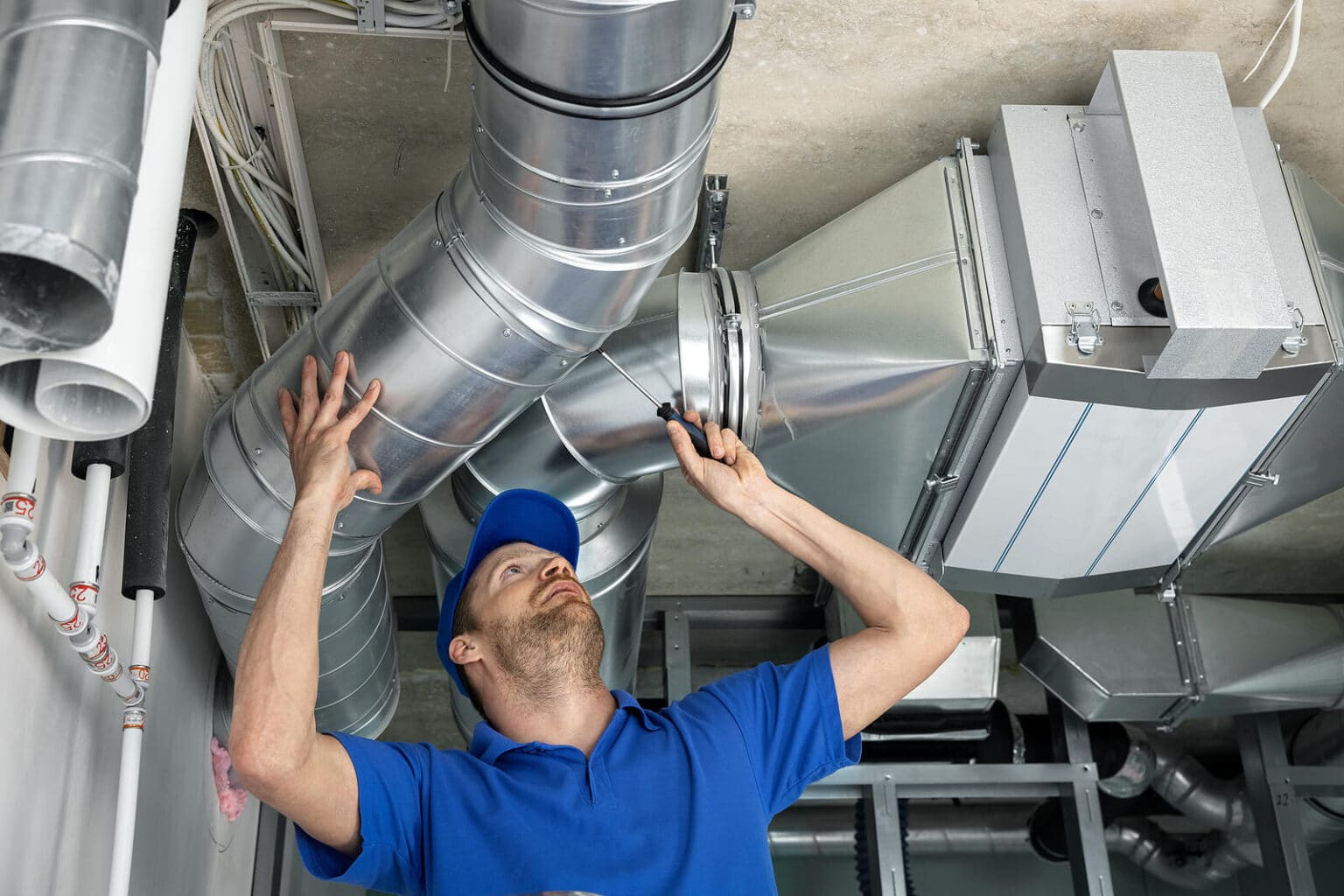 Technician repairing damaged attic air ducts to stop air leakage.