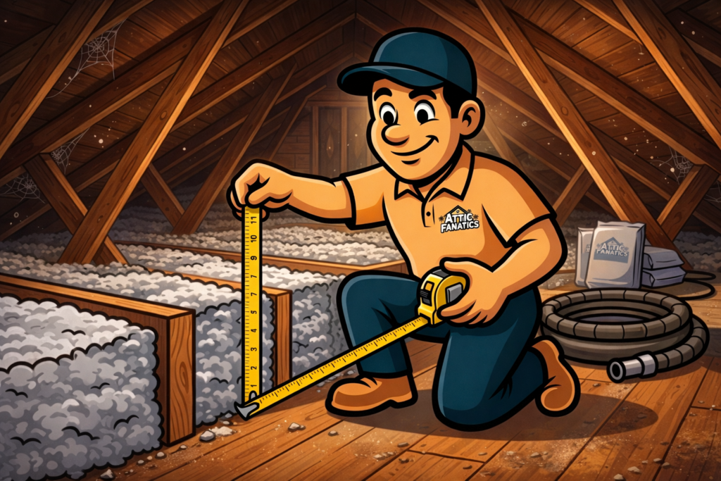 attic fanatics brand mascot measures insulation level