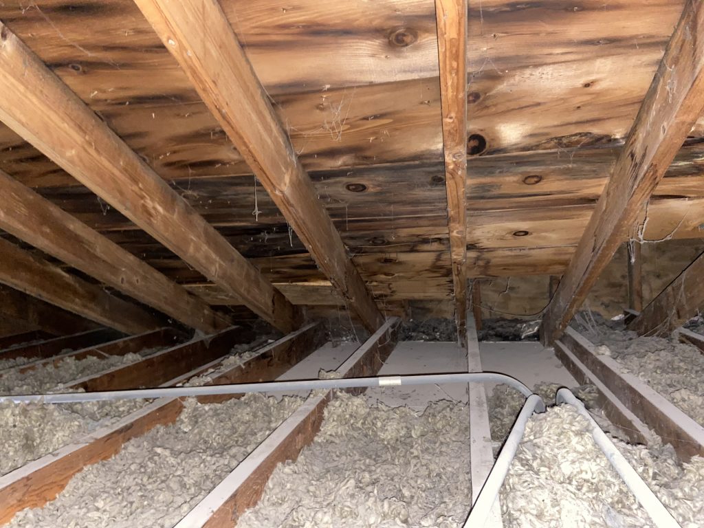 Attic with water stains and worn insulation.