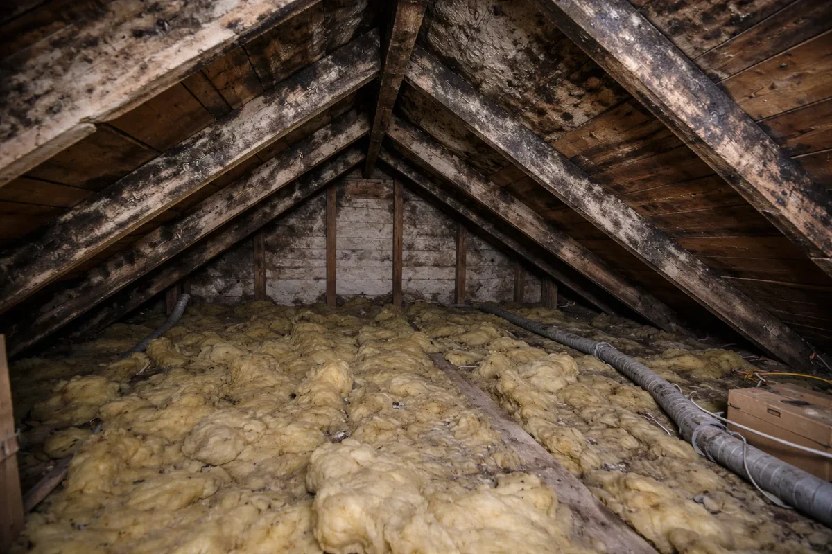 Damp attic space with visible moisture and mold.