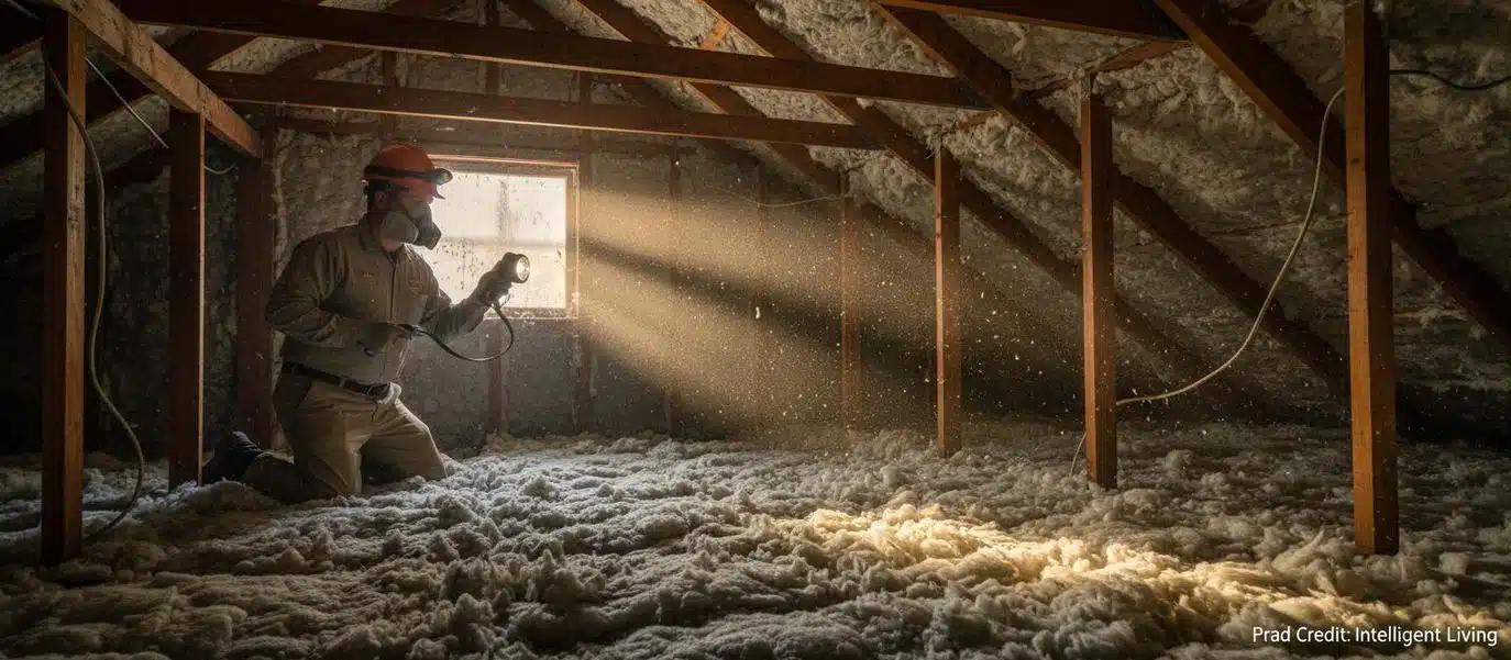 Inspector examining attic insulation and airflow issues inside roof space.
