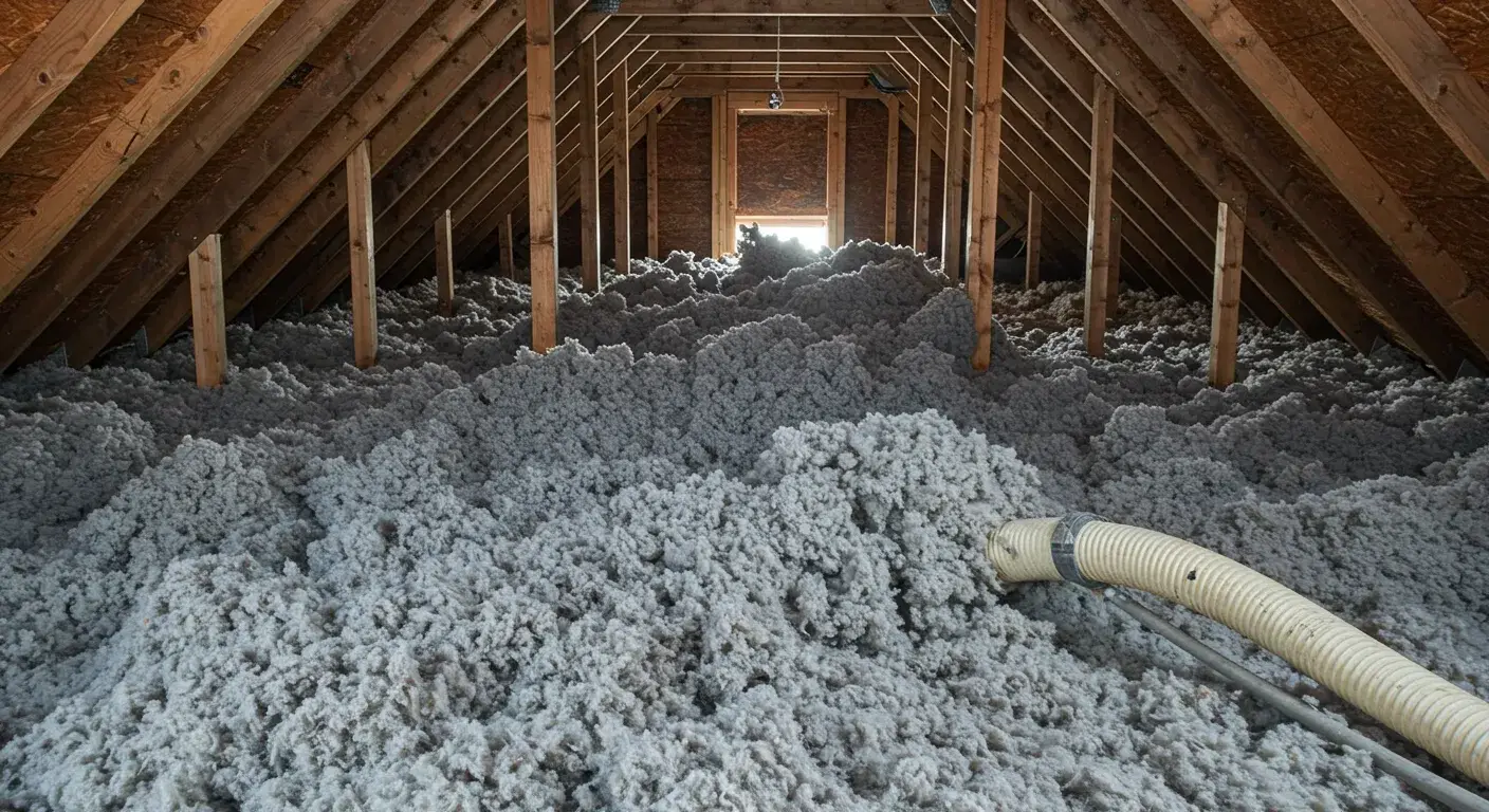 Blown-in cellulose insulation in attic with installation hose visible