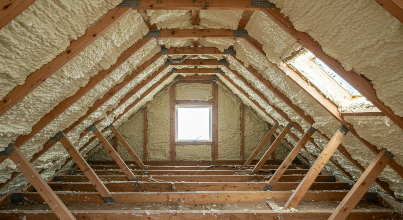 Attic interior with spray foam insulation applied along roof framing.