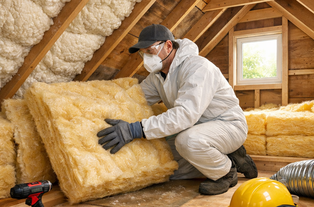 Worker installing fiberglass insulation batts inside a residential attic space.