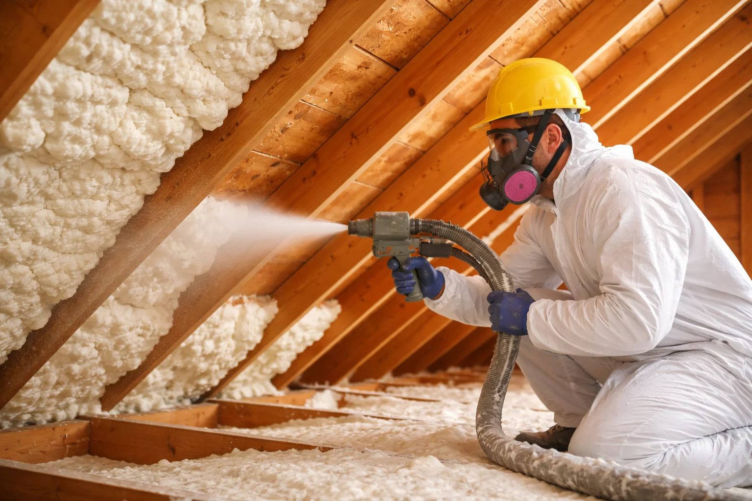 Worker applying spray foam insulation inside roof space