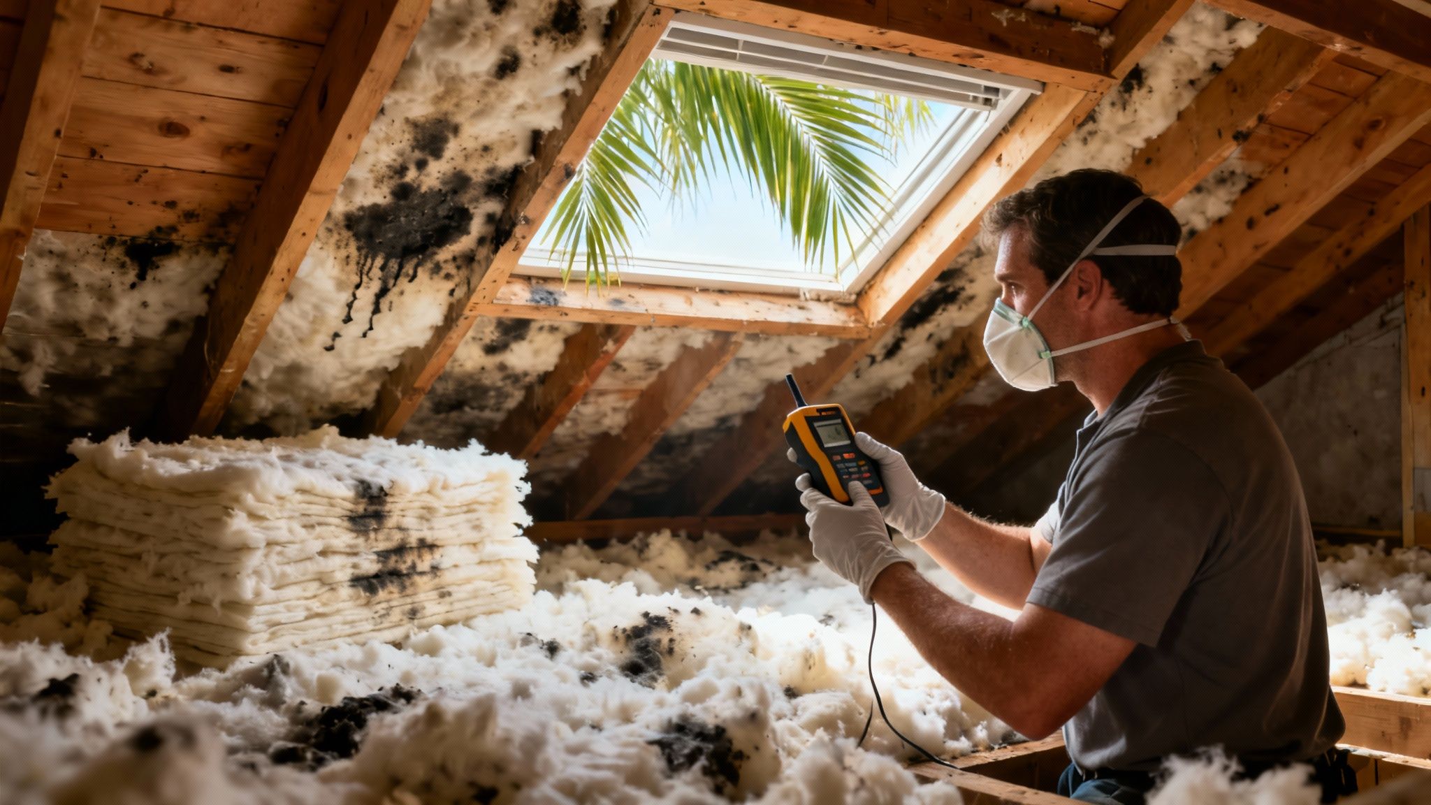 Water-damaged attic insulation with visible mold growth after severe moisture intrusion.