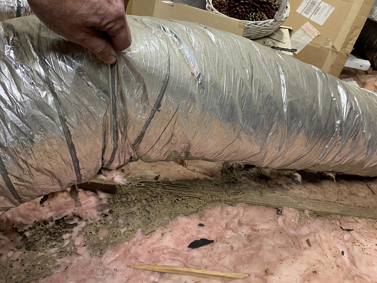 Termite damage and debris around attic insulation and HVAC ductwork.
