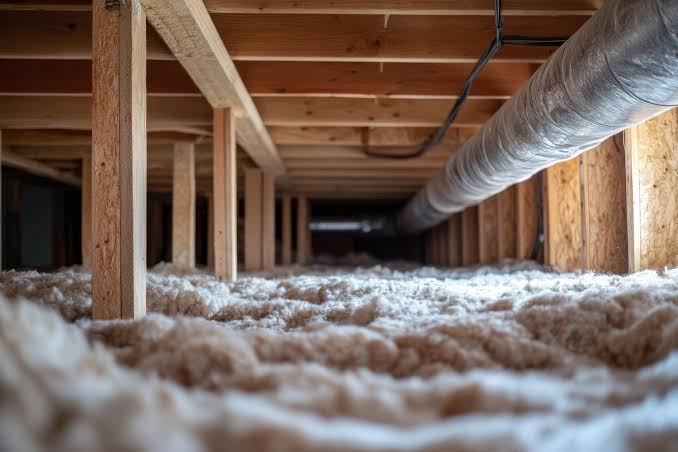 Close-up of loose-fill blown-in insulation in an attic.