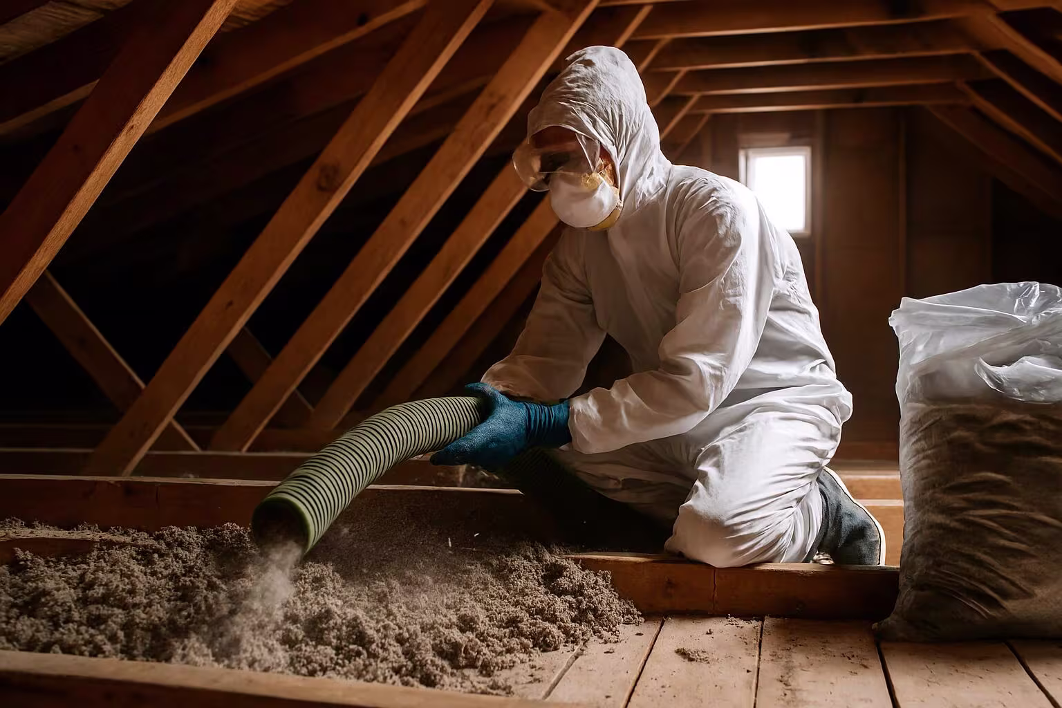Professional installing attic insulation using a flexible blowing hose
