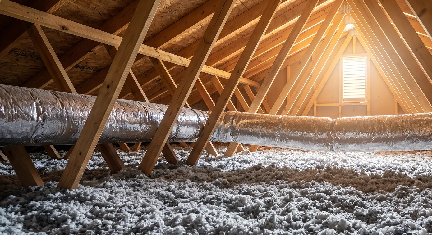 Newly insulated attic floor with flexible silver ducting running across wooden roof trusses
