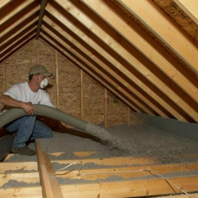 Contractor wearing a dust mask spraying grey blown-in cellulose insulation across attic floor joists